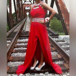 Elegant Red Evening Gown with Beaded Accents